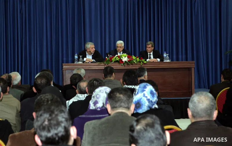 Palestinian President Mahmoud Abbas during a meeting with free prisoners in the West Bank city of Ramallah February 14, 2011. Photo by Thaer Ganaim