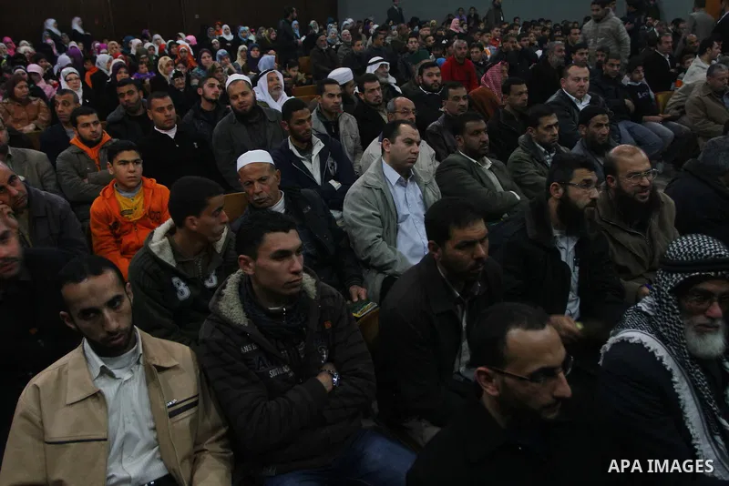 Palestinians attend a ceremony commemorating the birth of Prophet Muhammad, known in Arabic as Mawlid al-Nabawi, at the Shawwa Theatre in Gaza City on Feb. 15, 2011. Photo by Ashraf Amra