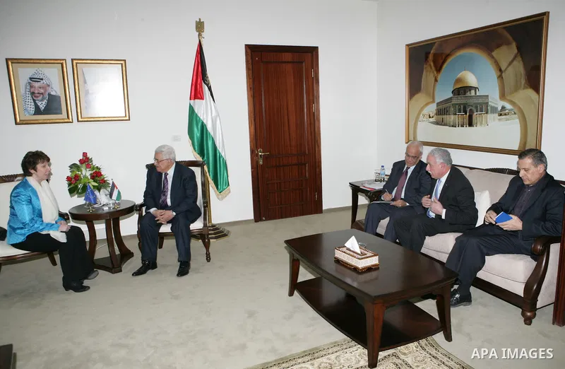Palestinian President Mahmoud Abbas meets with Catherine Ashton, high representative for foreign affairs and security policy of the European Union, in the West Bank city of Ramallah, on Feb. 15, 2011. Photo by Thaer Gana...