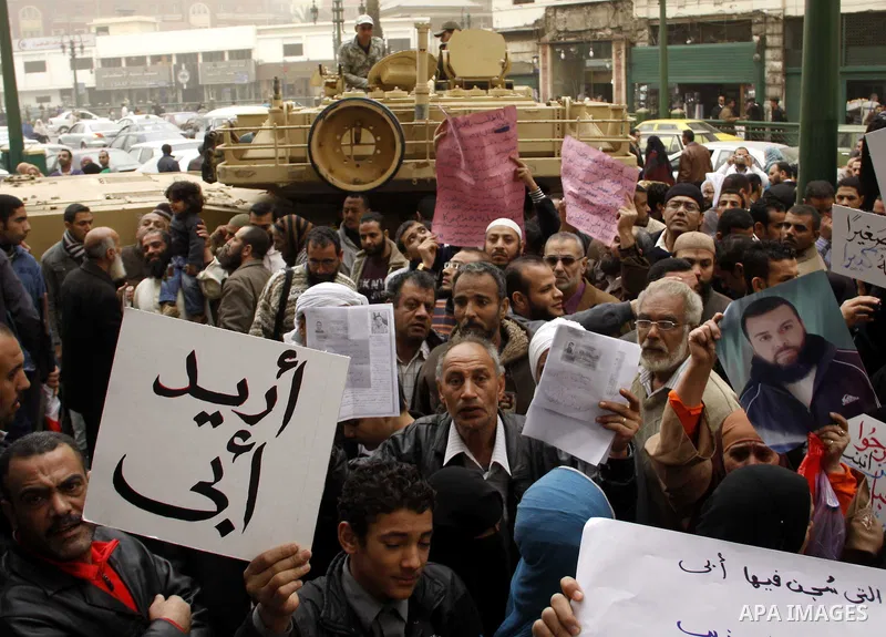 Egyptians take part in a rally calling for release of political prisoners in Cairo, Egypt, Wednesday, Feb. 16, 2011. Photo by Ahmed Asad