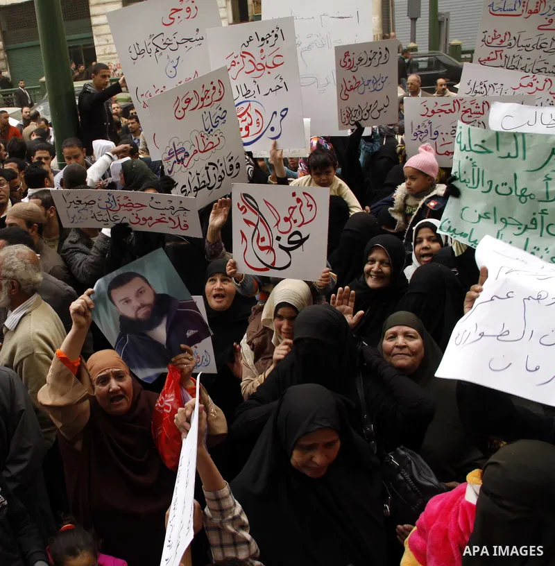 Egyptians take part in a rally calling for release of political prisoners in Cairo, Egypt, Wednesday, Feb. 16, 2011. Photo by Ahmed Asad