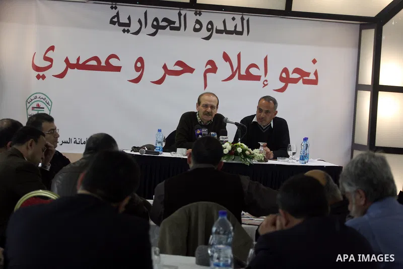 Yasser Abed Rabbo, secretary of the Executive Committee of the Palestinian Liberation Organization speaks during a meeting entitled "Towards a free media" in the West Bank city of Ramallah February 16, 2011. Photo by Iss...