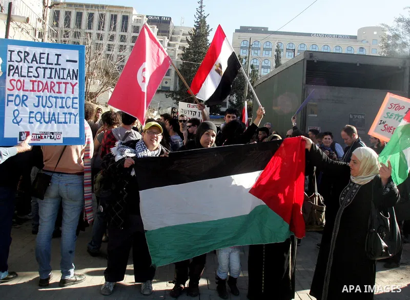 Palestinians, Israelis and foreign activists hold signs during a protest to show solidarity with Palestinian families against a Jewish settlement in the Sheikh Jarrah neighbourhood in East Jerusalem on Feb. 18, 2011. Pho...
