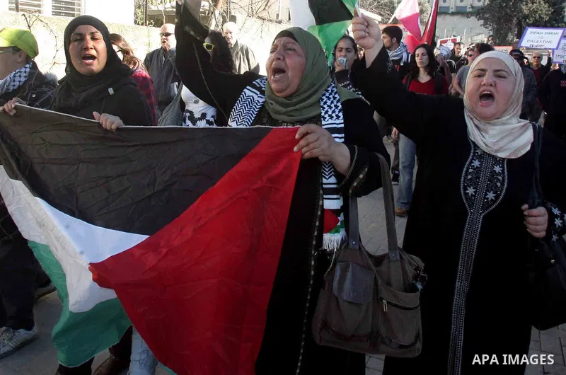 Palestinians, Israelis and foreign activists hold signs during a protest to show solidarity with Palestinian families against a Jewish settlement in the Sheikh Jarrah neighbourhood in East Jerusalem on Feb. 18, 2011. Pho...
