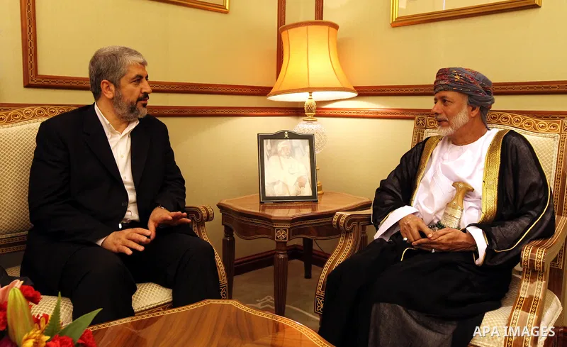 Palestinian Hamas leader, Khaled Meshaal, (L), during a meeting Omani minister of foreign affairs, Yousef Bin Alawi Bin Abdullah, (R), in Sultanate of Oman on Feb. 26, 2011. Photo by Majd Majd