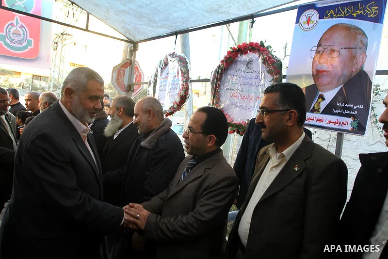 Palestinian Prime Minister in Gaza Strip, Ismail Haneiyah visits the mourning tent of the Turkish Leader, Necmettin Erbakan in Gaza city on March 1,2011. Erbakan, the Turkey's first Islamist Prime Minister from 1996 unti...