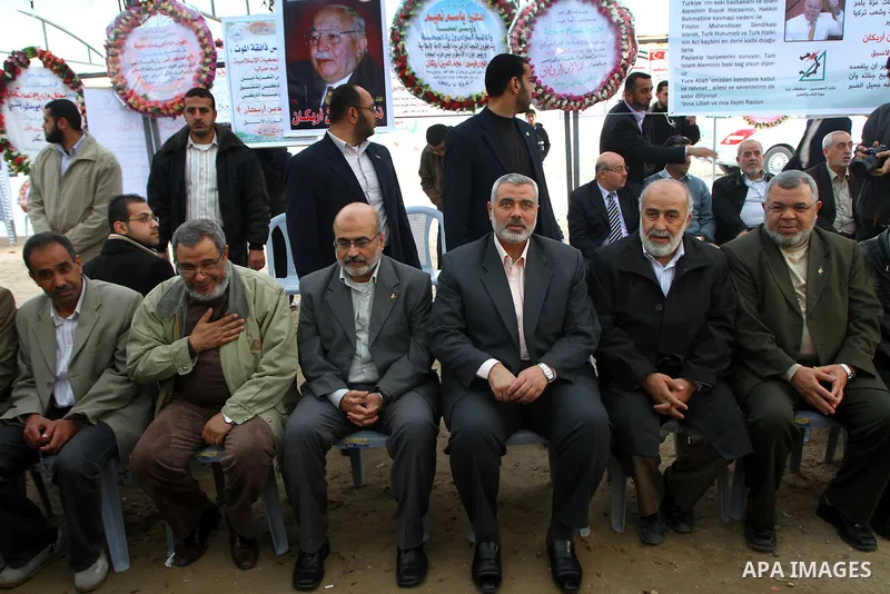 Palestinian Prime Minister in Gaza Strip, Ismail Haneiyah visits the mourning tent of the Turkish Leader, Necmettin Erbakan in Gaza city on March 1,2011. Erbakan, the Turkey's first Islamist Prime Minister from 1996 unti...