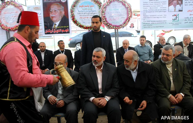 Palestinian Prime Minister in Gaza Strip, Ismail Haneiyah visits the mourning tent of the Turkish Leader, Necmettin Erbakan in Gaza city on March 1,2011. Erbakan, the Turkey's first Islamist Prime Minister from 1996 unti...