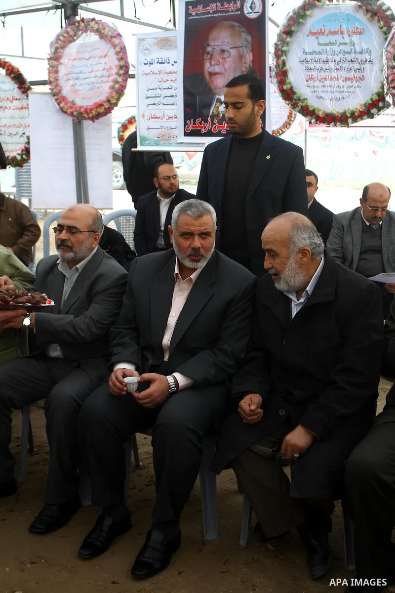 Palestinian Prime Minister in Gaza Strip, Ismail Haneiyah visits the mourning tent of the Turkish Leader, Necmettin Erbakan in Gaza city on March 1,2011. Erbakan, the Turkey's first Islamist Prime Minister from 1996 unti...