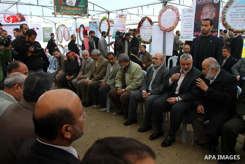 Palestinian Prime Minister in Gaza Strip, Ismail Haneiyah visits the mourning tent of the Turkish Leader, Necmettin Erbakan in Gaza city on March 1,2011. Erbakan, the Turkey's first Islamist Prime Minister from 1996 unti...