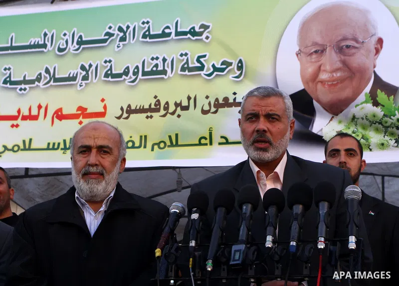 Palestinian Prime Minister in Gaza Strip, Ismail Haneiyah visits the mourning tent of the Turkish Leader, Necmettin Erbakan in Gaza city on March 1,2011. Erbakan, the Turkey's first Islamist Prime Minister from 1996 unti...