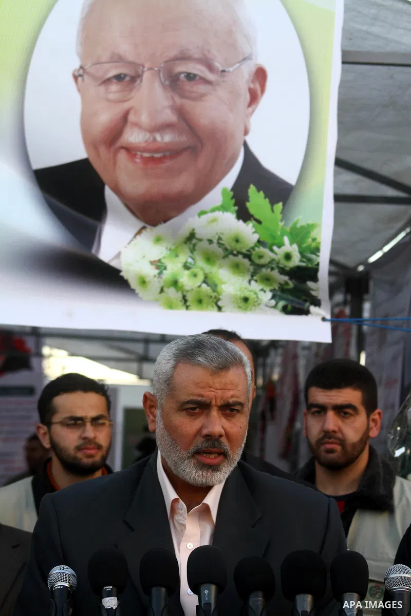 Palestinian Prime Minister in Gaza Strip, Ismail Haneiyah visits the mourning tent of the Turkish Leader, Necmettin Erbakan in Gaza city on March 1,2011. Erbakan, the Turkey's first Islamist Prime Minister from 1996 unti...