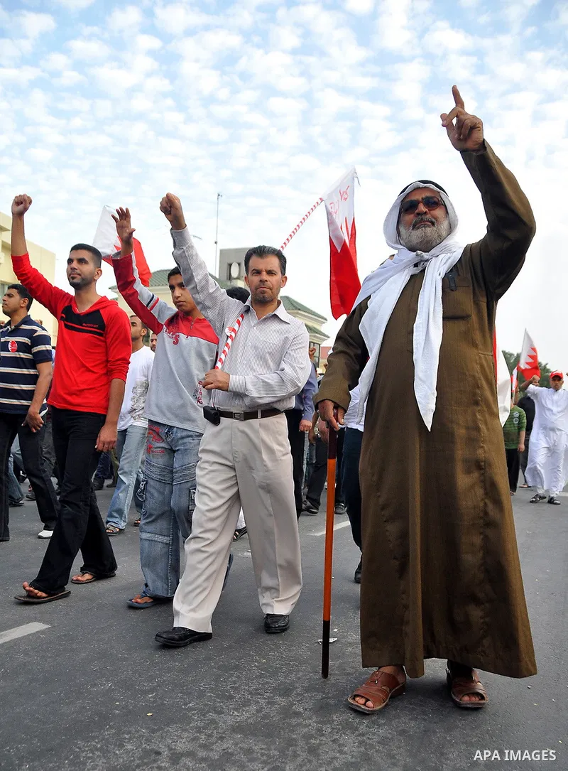Bahraini protesters march in the capital Manama, Bahrain, 01 March 2011. Thousands of protesters took part in an opposition rally from within the capital Manama, Bahrain to Lulu Square to renew demands for removing the g...