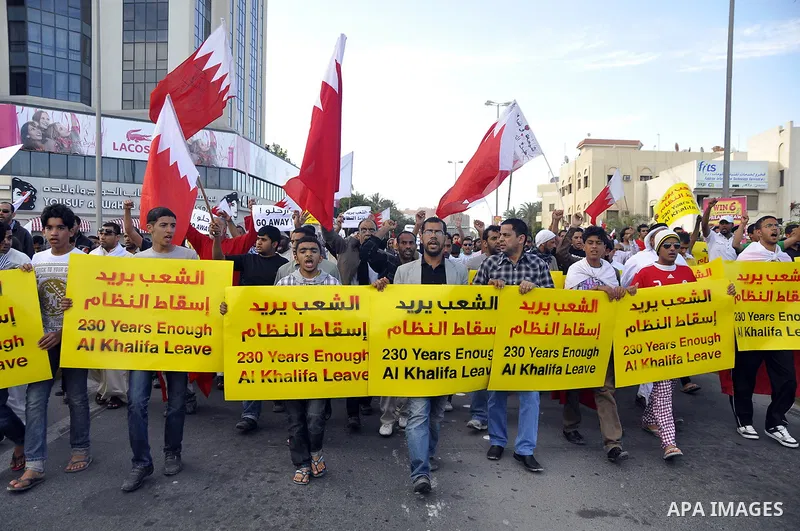 Protesters demonstrate in front of the Interior Ministry in Manama, capital of Bahrain, March 2, 2011. Anti-government protesters turned up in hundreds here on Wednesday, calling for the release of remaining political pr...