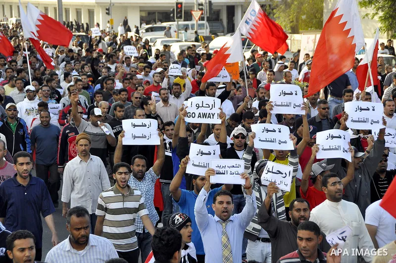 Protesters demonstrate in front of the Interior Ministry in Manama, capital of Bahrain, March 2, 2011. Anti-government protesters turned up in hundreds here on Wednesday, calling for the release of remaining political pr...