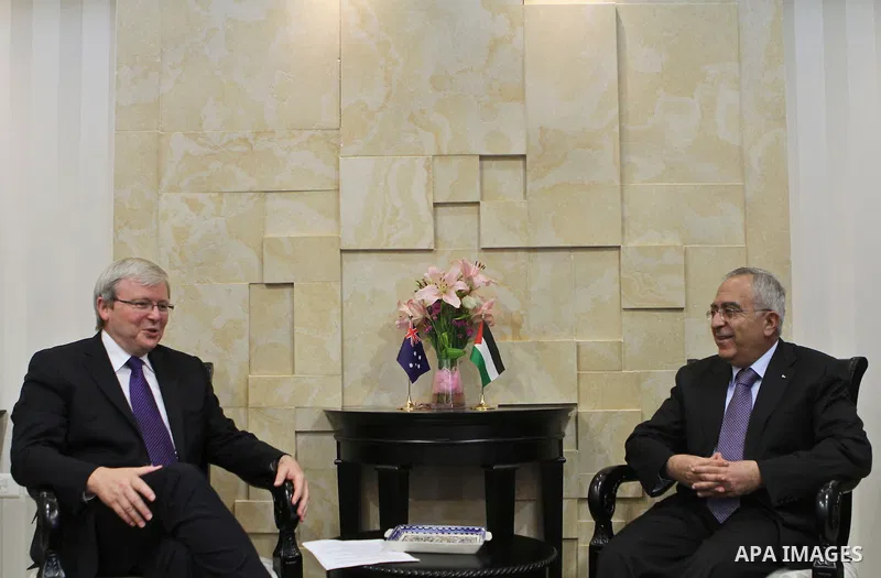Palestinian Prime Minister, Salam Fayyad meets with the Australian Foreign Minister, Kevin Rudd in the West Bank city of Ramallah on March 5, 2011. Photo by Mustafa Abu Dayeh