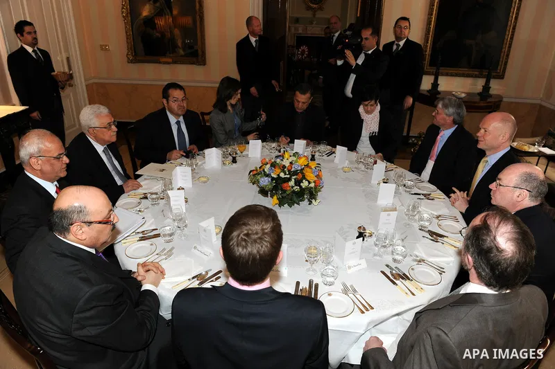 Palestinian President Mahmoud Abbas (Abu Mazen) during a meeting with the British Foreign Secretary William Hague today in London 08/03/2011..Photo by: thaer ganaim