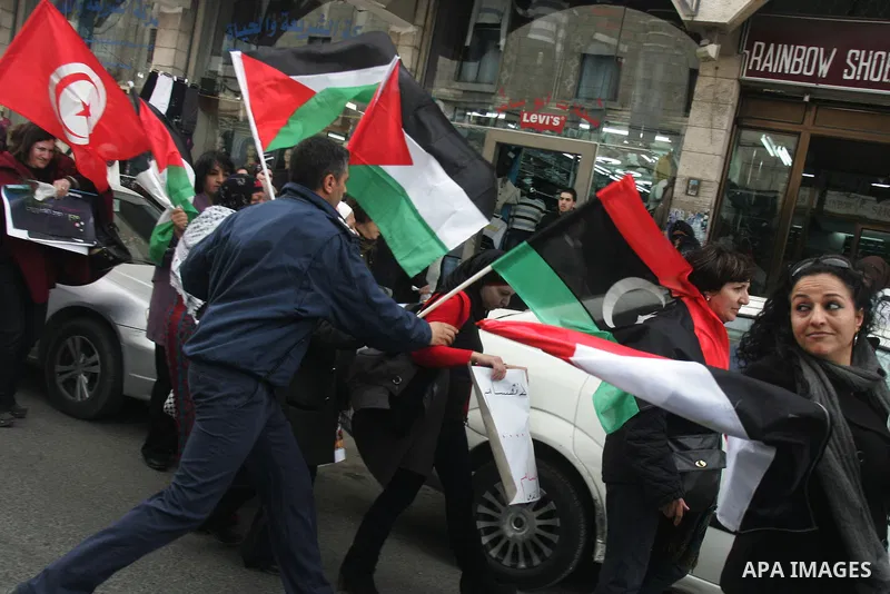 Palestinian women demonstrate against Israel during a women's day protest at Damascus Gate in Jerusalem's Old City on March 8,2011. Photo by Mahfouz Abu Turk