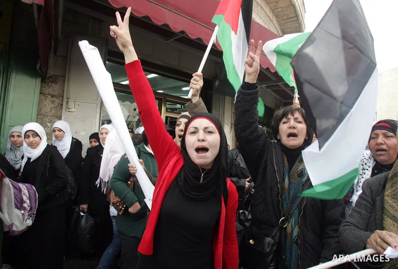 Palestinian women demonstrate against Israel during a women's day protest at Damascus Gate in Jerusalem's Old City on March 8,2011. Photo by Mahfouz Abu Turk
