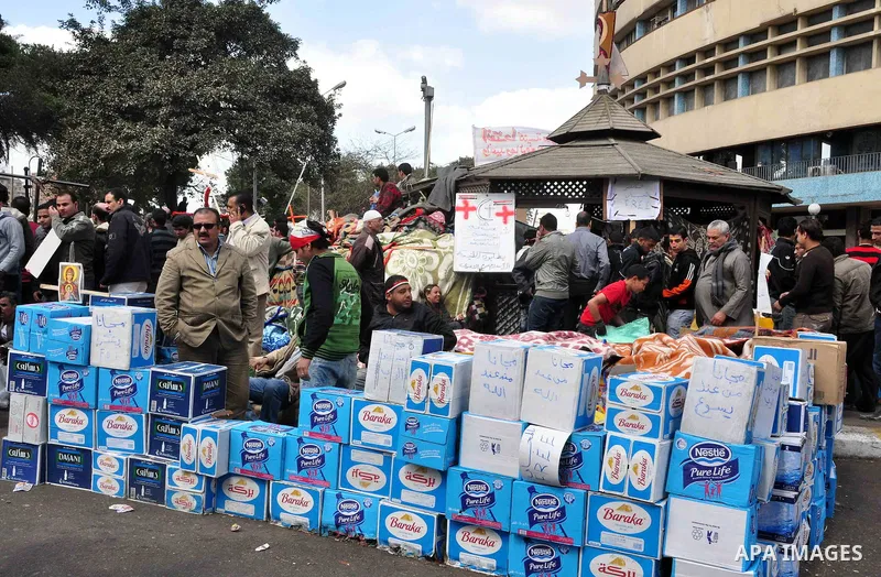 Egyptian Coptic Christians take part in a protest in front of the Information center building in Cairo, Egypt, 09 March 2011. The Coptic Christians were protesting over the burning of a church in Cairo suburbs on 04 Marc...