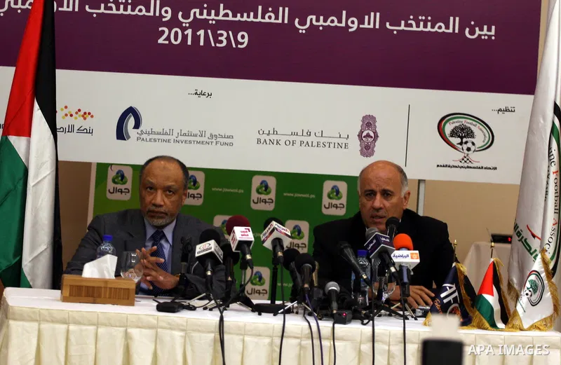 President of the Asian Football Confederation (AFC) Mohamed Bin Hammam and Palestinian Football Association chairman Jibril Rajoub give a news conference in the West Bank city of Ramallah on March 9, 2011 on the upcoming...