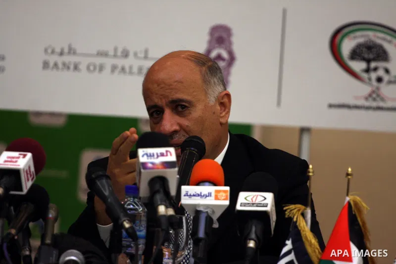 Palestinian Football Association chairman Jibril Rajoub and President of the Asian Football Confederation (AFC) Mohamed Bin Hammam give a news conference in the West Bank city of Ramallah on March 9, 2011 on the upcoming...