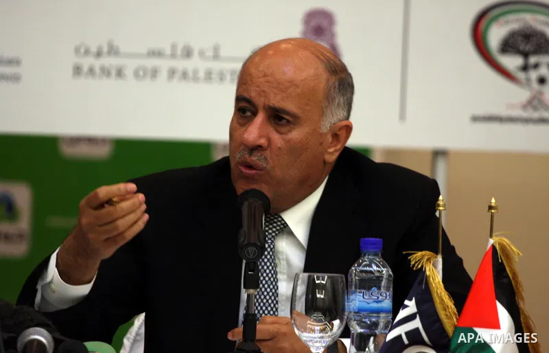 Palestinian Football Association chairman Jibril Rajoub and President of the Asian Football Confederation (AFC) Mohamed Bin Hammam give a news conference in the West Bank city of Ramallah on March 9, 2011 on the upcoming...