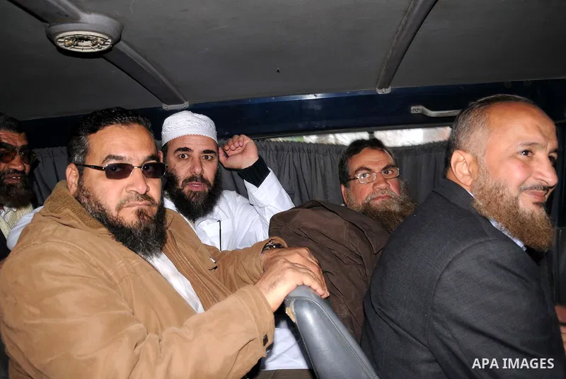 Egyptian Abbud and Tareq al-Zomor, members of Egypt's Islamic Jihad, are seen after being released form the Tura jail, in Hilwan on the outskirts of Cairo, on March 12, 2011, after Egypt's new military rulers ordered the...