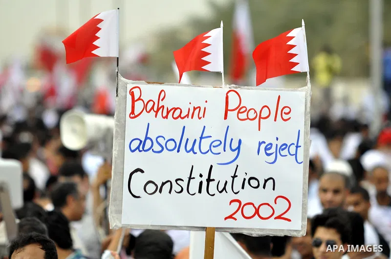 Tens of thousands of Bahraini anti-government protesters converged from two directions Saturday, March 12, 2011, to demonstrate outside the walls of King Hamad bin Isa Al Khalifa's Safriya palace in Sadad, Bahrain, south...