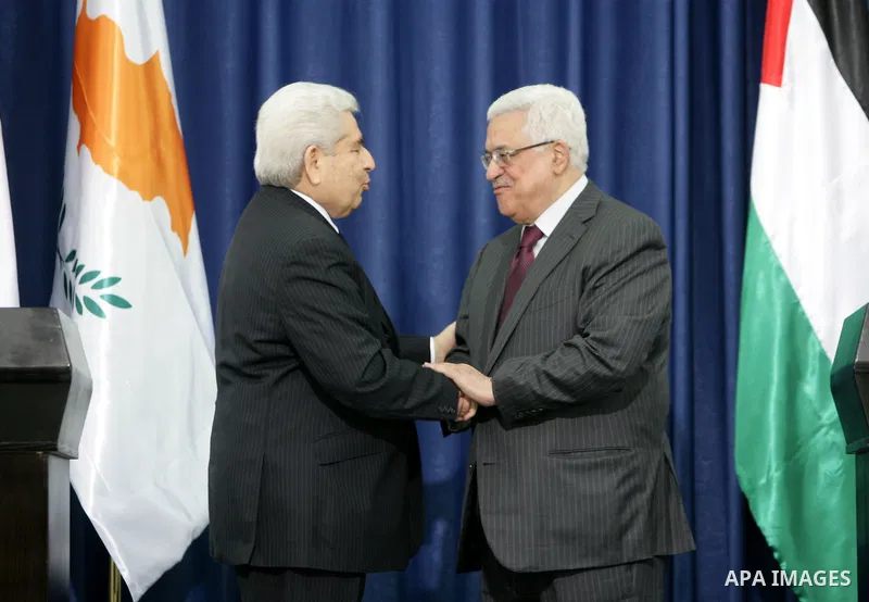 Palestinian President Mahmoud Abbas and Cypriot President Dimitris Christofias attend a press conference in the West Bank city of Ramallah March 15, 2011. Christofias is on an official visit to Israel and the Palestinian...