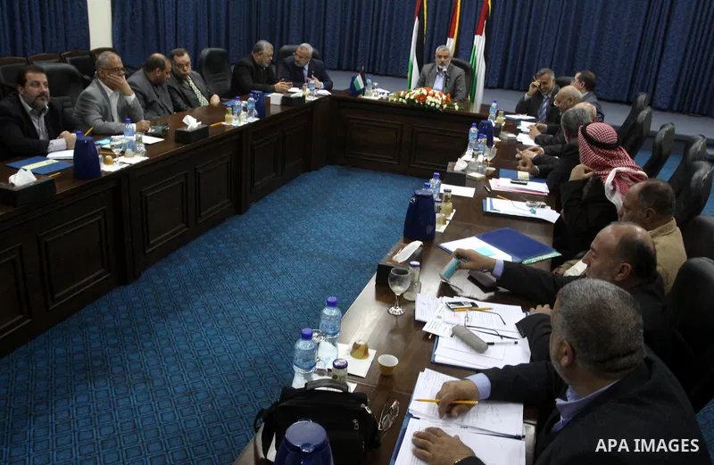 Palestinian Prime Minister in Gaza Strip, Ismail Haniyah heads cabinet meeting following the protests calling for Palestinian political unity between Gaza's Hamas rulers and the Fatah-dominated Palestinian Authority whic...