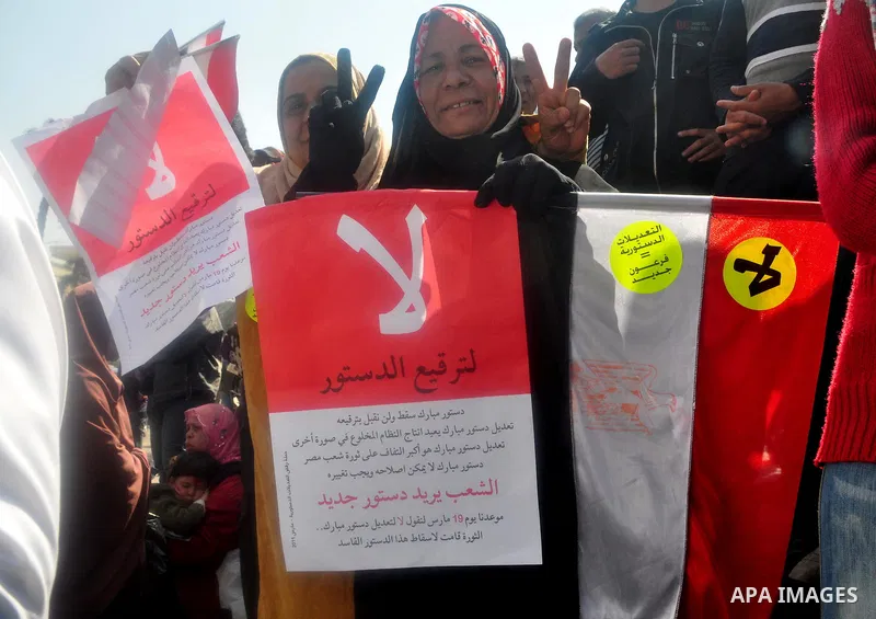 Egyptians shout anti- constitutional amendments slogans during a protest at Tahrir Square in Cairo, Egypt, Friday, March 18, 2011 a day before the referendum . Civic groups have raised fears that the timing of a Saturday...
