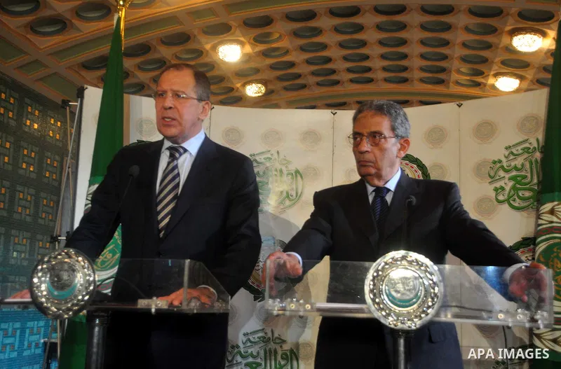 Arab League Secretary General Amr Moussa meets with Russian Foreign Minister Sergei Lavrov at the Arab League headquarters in Cairo, Egypt, 21 March 2011. Russian Foreign Minister Sergei Lavrov is on a tour of the Middle...