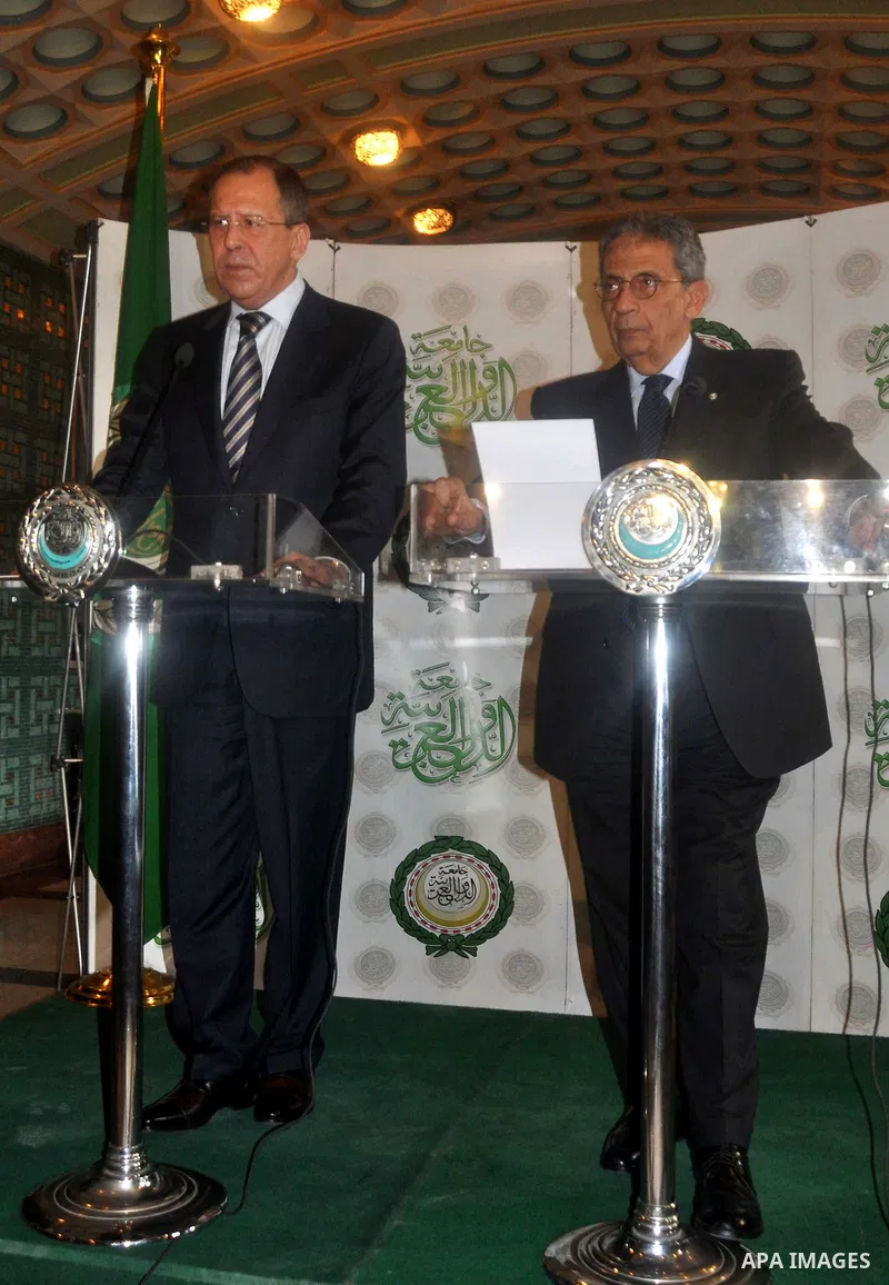 Arab League Secretary General Amr Moussa meets with Russian Foreign Minister Sergei Lavrov at the Arab League headquarters in Cairo, Egypt, 21 March 2011. Russian Foreign Minister Sergei Lavrov is on a tour of the Middle...