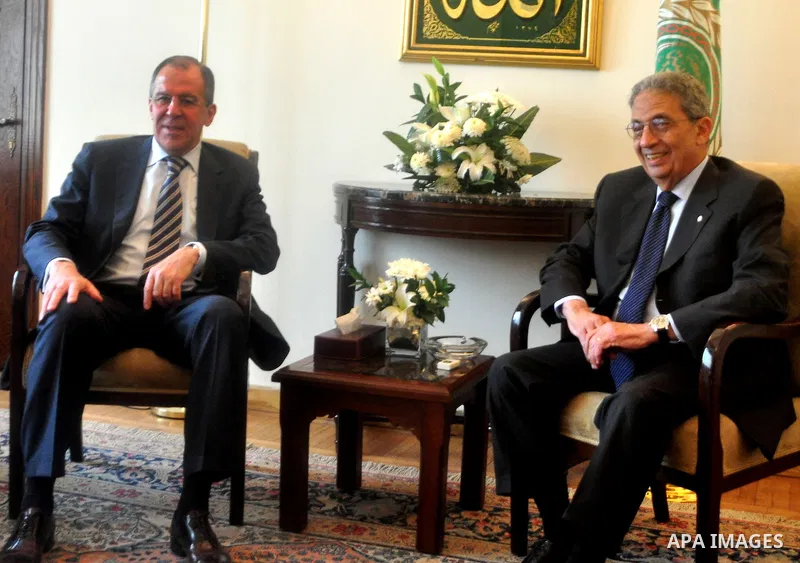 Arab League Secretary General Amr Moussa meets with Russian Foreign Minister Sergei Lavrov at the Arab League headquarters in Cairo, Egypt, 21 March 2011. Russian Foreign Minister Sergei Lavrov is on a tour of the Middle...