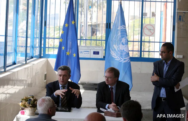 EU representative to the Palestinian Authority, Christian Berger and UNRWA Commissioner-General, Filippo Grandi sign an agreement with 40 million euros during a private visit to the village of Walajah near the West Bank...