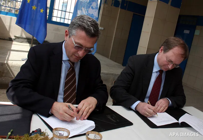 EU representative to the Palestinian Authority, Christian Berger and UNRWA Commissioner-General, Filippo Grandi sign an agreement with 40 million euros during a private visit to the village of Walajah near the West Bank...