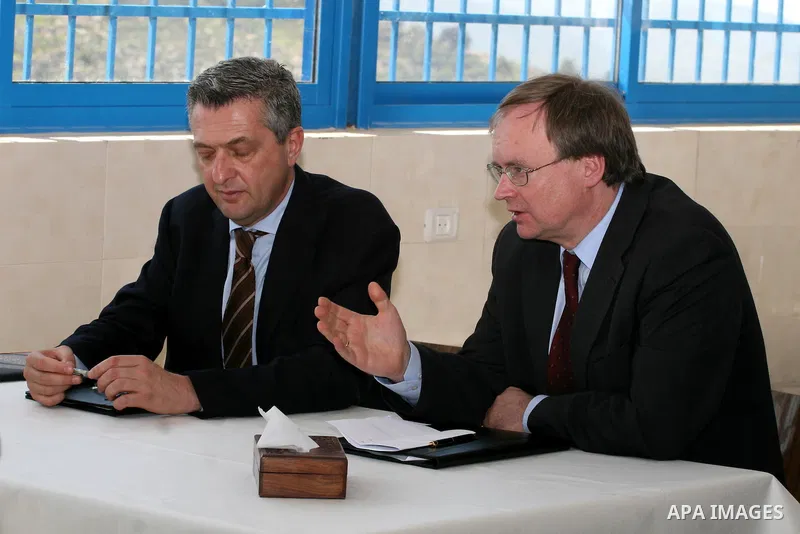 EU representative to the Palestinian Authority, Christian Berger and UNRWA Commissioner-General, Filippo Grandi sign an agreement with 40 million euros during a private visit to the village of Walajah near the West Bank...
