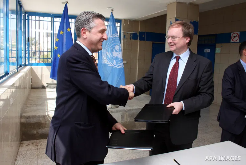 EU representative to the Palestinian Authority, Christian Berger and UNRWA Commissioner-General, Filippo Grandi sign an agreement with 40 million euros during a private visit to the village of Walajah near the West Bank...