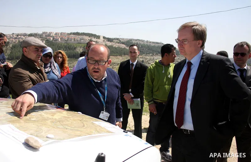 EU representative to the Palestinian Authority, Christian Berger and UNRWA Commissioner-General, Filippo Grandi sign an agreement with 40 million euros during a private visit to the village of Walajah near the West Bank...