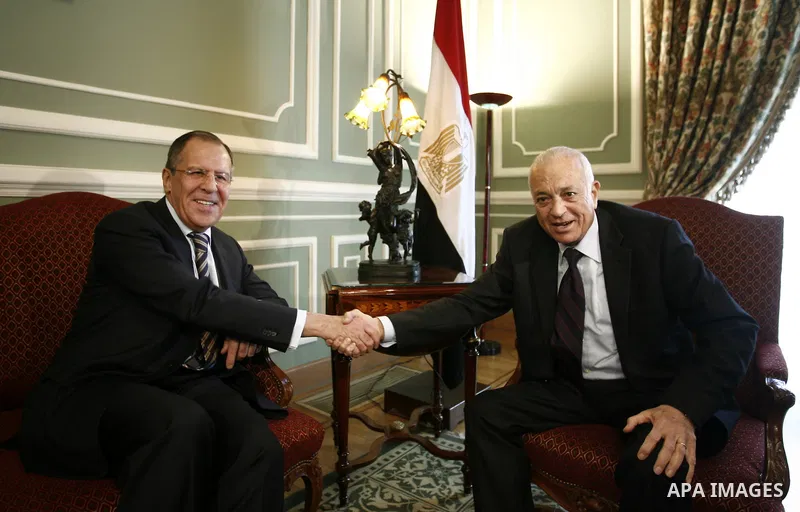 Egyption Foreign Minister Nabil Al-Arab meets with his Russian counterpart Sergei Lavrov in Cairo on March 21, 2011.. Photo by Wissam Nassar