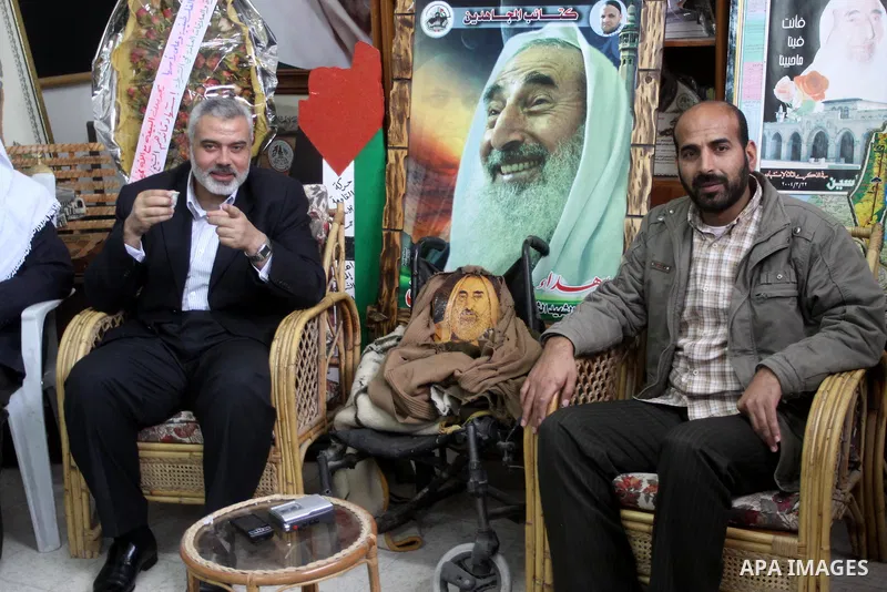Palestinian prime minister of hamas leader Ismail Haniya during a visit to Ahmed yaseen's family in Gaza city on March 22,2011 . Ahmed yaseen hamas spiritual leader was assasinated in March 22. 2004 by israel air raid. P...