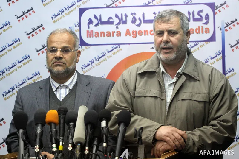 Palestinian Islamic Jihad leaders Khadar Habib and Khaled Al Batsh held a press conference about the latest event in Gaza city on March 24,2011. Photo by Mohammed Asad