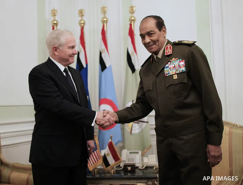 US Defense Secretary Robert Gates meets with Field Marshal Hussein Tantawi, head of the Egyptian Armed Forces Supreme Council, in Cairo on March 24, 2011. Photo by Charles Dharapak / POOL