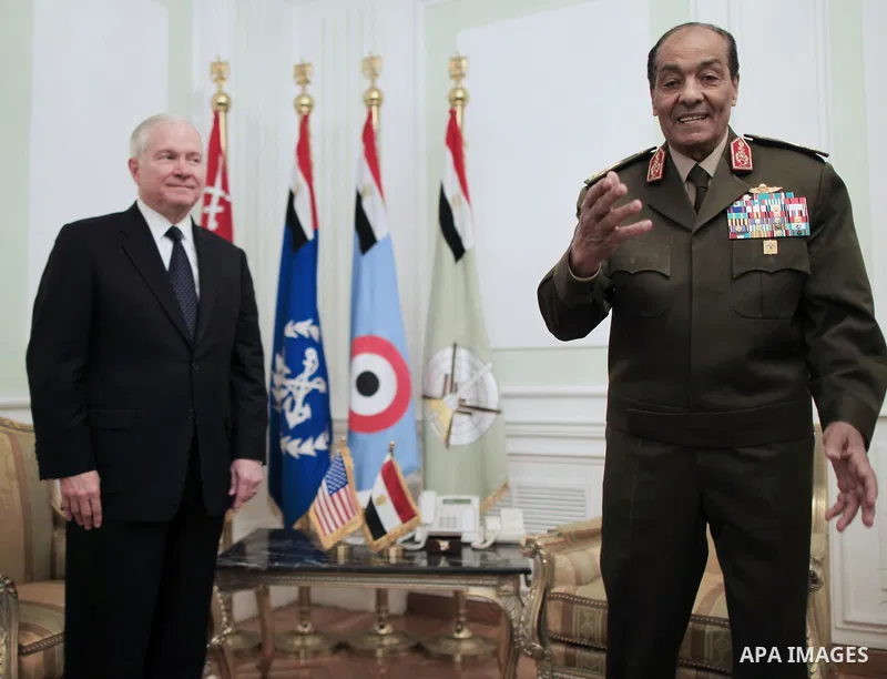 US Defense Secretary Robert Gates meets with Field Marshal Hussein Tantawi, head of the Egyptian Armed Forces Supreme Council, in Cairo on March 24, 2011. Photo by Charles Dharapak / POOL