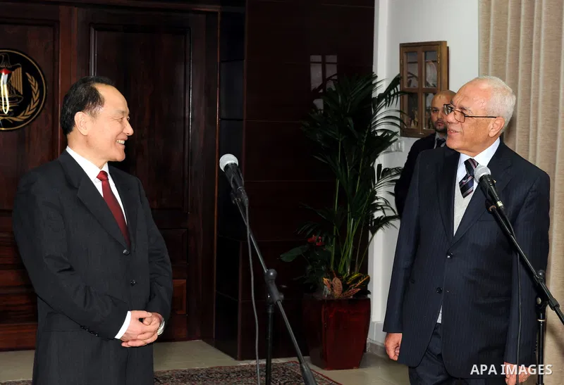Palestinian Secretary General of the Presidency Tayeb Abdel Rahim with the Chinese president's envoy to the peace process in the Middle East during a press conference in west bank city of Ramallah March 25,2011 photo by...