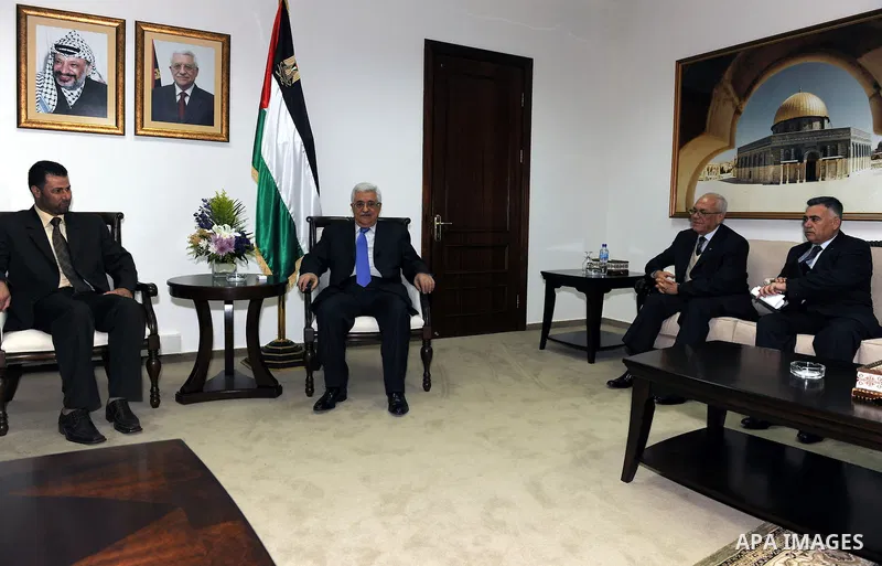 Palestinian President Mahmoud Abbas (Abu Mazen) meets with Abdullah Abu Rahmah, head of the Popular Committee Against the Wall, west bank the city of Ramallah March 26, 2011. photo by thaer ganaim