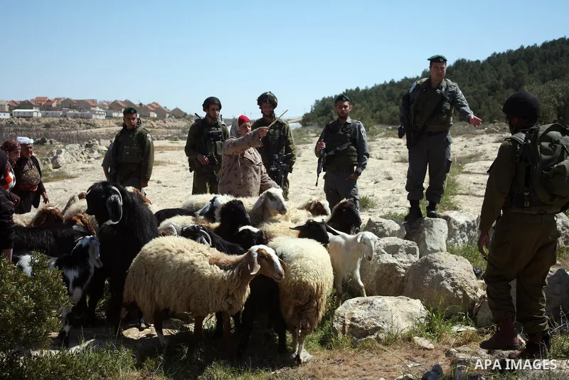A Palestinian woman quarrels with Israeli soldiers during a protest against Jewish settlers in the West Bank village of Yatta, south of the West Bank city of Hebron, on 26 March 2011.Photo by Najeh Hahlamoun
