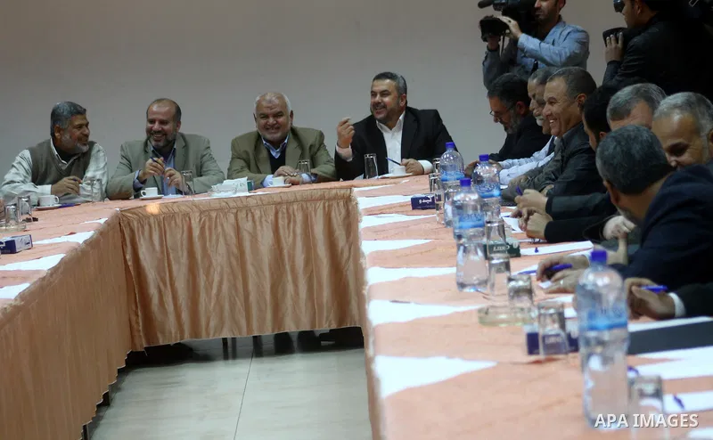 Palestinian factions leaders take part in a meeting in Gaza city on March 26,2011, following the latest political development on the Palestinian square and the continued Israeli agression on Gaza Strip. Photo by Ashraf A...