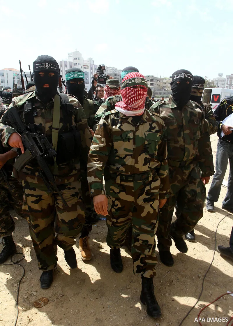 Palestinian military wings spokesmen participate a common press conference to discuss the latest israeli attacks in Gaza April 3,2011. Israel assassinated three senior leaders of Al-Qassam brigades the military wing of H...